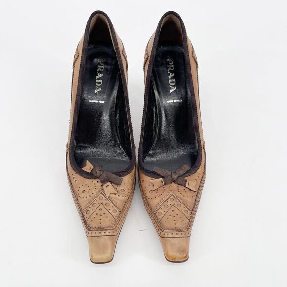 Vintage Prada Brown Leather Bow Trim Brogue Pointed Toe Mid Heel Pumps 36.5 - Picture 5 of 11